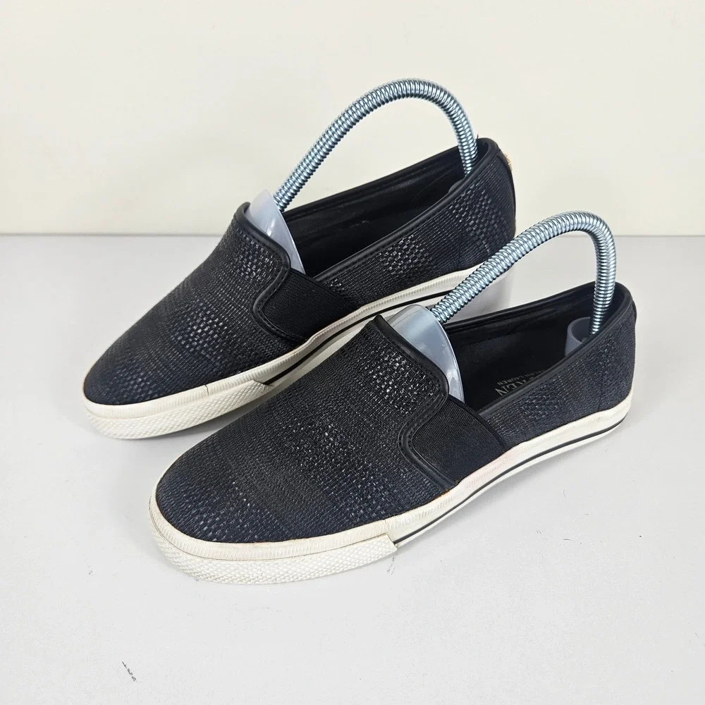 LRL Lauren Ralph Lauren Jinny Womens 7 Black Slip On Sneakers Shoes Gold Logo